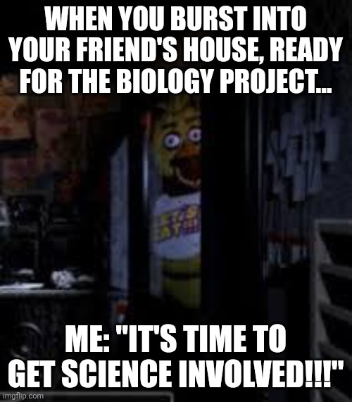 It's time to get science involved!!! | WHEN YOU BURST INTO YOUR FRIEND'S HOUSE, READY FOR THE BIOLOGY PROJECT... ME: "IT'S TIME TO GET SCIENCE INVOLVED!!!" | image tagged in chica looking in window fnaf | made w/ Imgflip meme maker