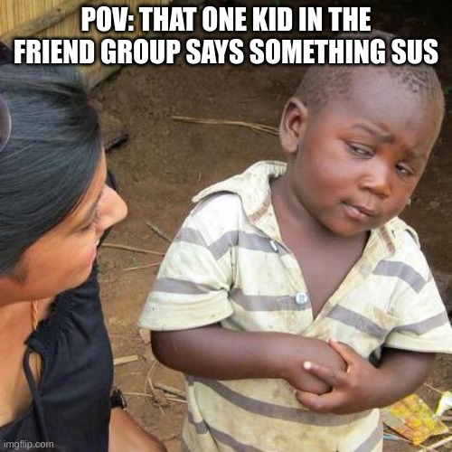 Third World Skeptical Kid Meme | POV: THAT ONE KID IN THE FRIEND GROUP SAYS SOMETHING SUS | image tagged in memes,third world skeptical kid | made w/ Imgflip meme maker