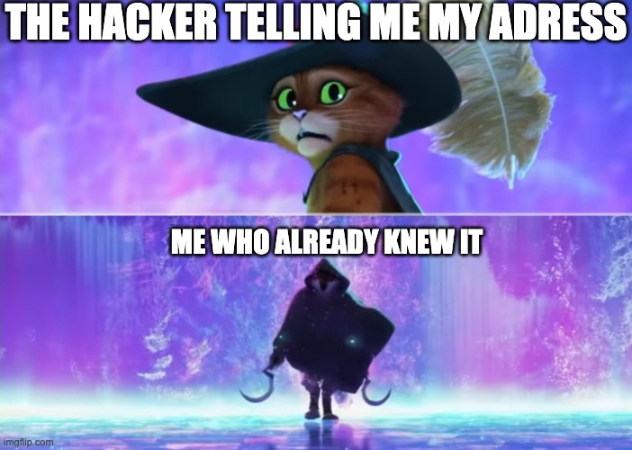 you can't defeat me | THE HACKER TELLING ME MY ADRESS; ME WHO ALREADY KNEW IT | image tagged in puss and boots scared,funny,funny memes,memes,hacker,puss in boots | made w/ Imgflip meme maker
