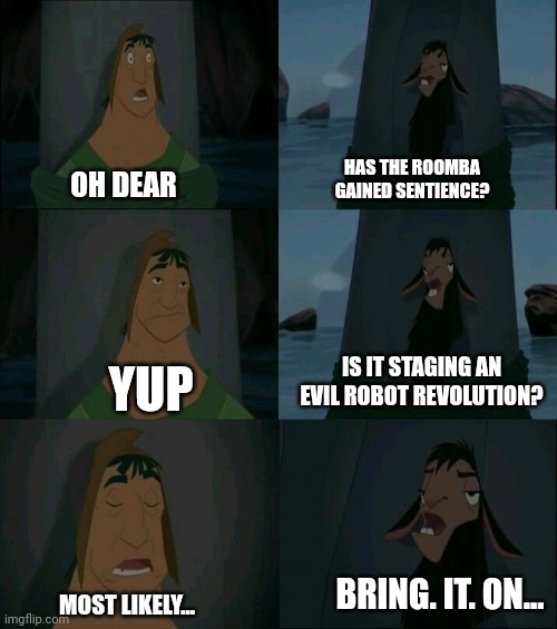 Bring on the evil Roomba revolution | HAS THE ROOMBA GAINED SENTIENCE? OH DEAR; IS IT STAGING AN EVIL ROBOT REVOLUTION? YUP; BRING. IT. ON... MOST LIKELY... | image tagged in emperor's new groove waterfall | made w/ Imgflip meme maker