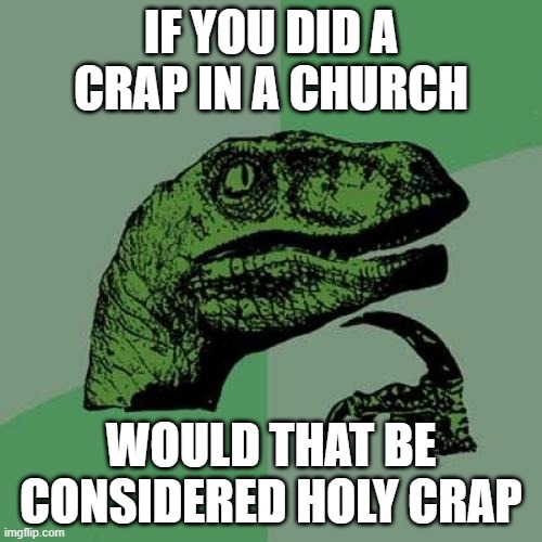 Philosoraptor | IF YOU DID A CRAP IN A CHURCH; WOULD THAT BE CONSIDERED HOLY CRAP | image tagged in memes,philosoraptor | made w/ Imgflip meme maker