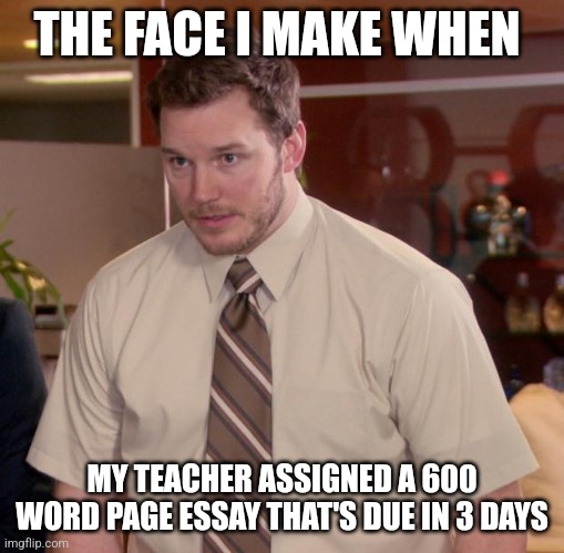 Afraid To Ask Andy | THE FACE I MAKE WHEN; MY TEACHER ASSIGNED A 600 WORD PAGE ESSAY THAT'S DUE IN 3 DAYS | image tagged in memes,afraid to ask andy | made w/ Imgflip meme maker