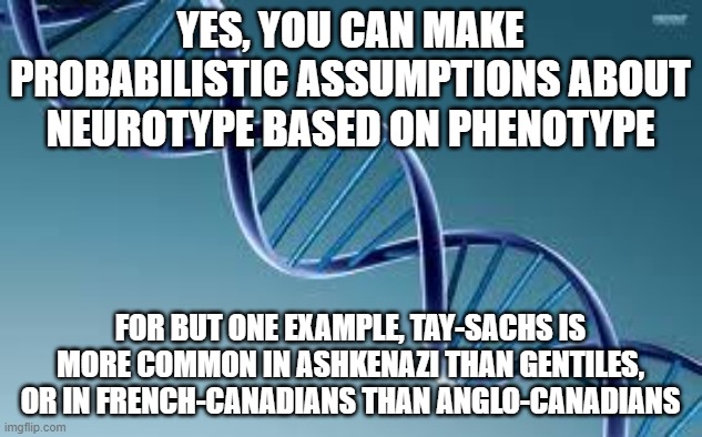 well yes but yes...last 60 years of behavioral genetics yes | YES, YOU CAN MAKE PROBABILISTIC ASSUMPTIONS ABOUT NEUROTYPE BASED ON PHENOTYPE; FOR BUT ONE EXAMPLE, TAY-SACHS IS MORE COMMON IN ASHKENAZI THAN GENTILES, OR IN FRENCH-CANADIANS THAN ANGLO-CANADIANS | image tagged in dna | made w/ Imgflip meme maker