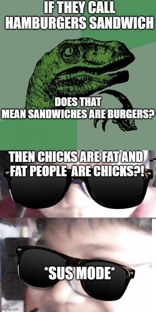 im to sus | IF THEY CALL HAMBURGERS SANDWICH; DOES THAT MEAN SANDWICHES ARE BURGERS? THEN CHICKS ARE FAT AND 
FAT PEOPLE  ARE CHICKS?! *SUS MODE* | image tagged in memes,philosoraptor | made w/ Imgflip meme maker