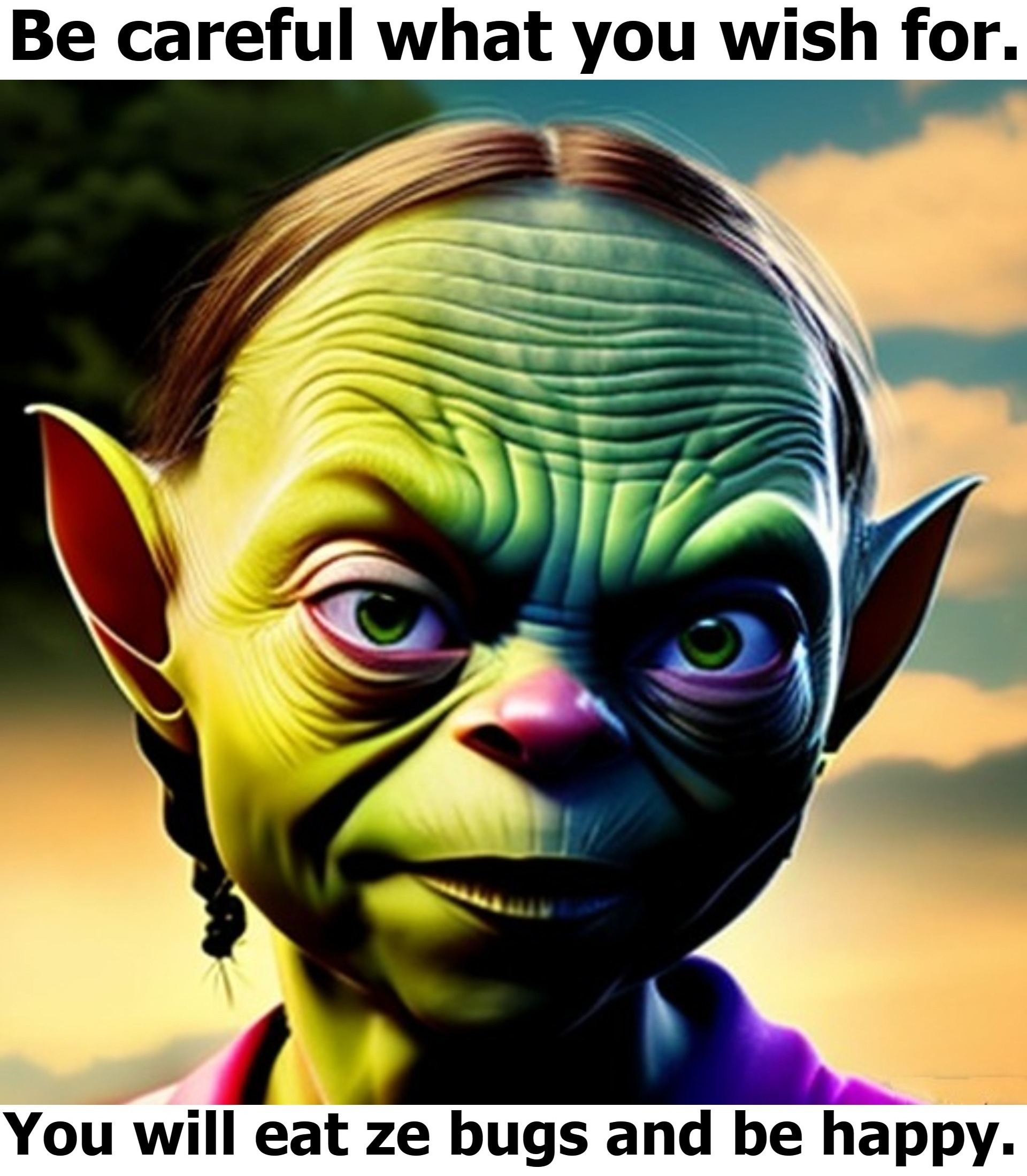 Greta finally goes green. | image tagged in ecofascist greta thunberg,going green,green goblin,green party,you will eat ze bugs and be happy,green new deal | made w/ Imgflip meme maker