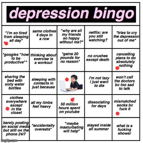 I don’t think this makes me depressed | image tagged in depression bingo | made w/ Imgflip meme maker