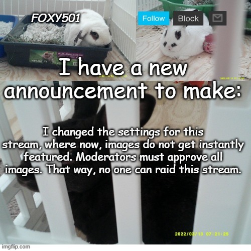 It'll stay like this until people stop raiding the stream |  I have a new announcement to make:; I changed the settings for this stream, where now, images do not get instantly featured. Moderators must approve all images. That way, no one can raid this stream. | image tagged in foxy501 announcement template | made w/ Imgflip meme maker