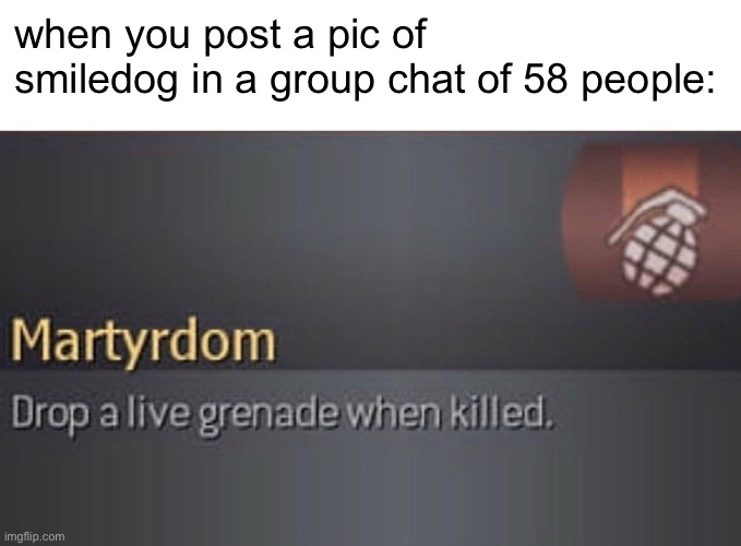 Martydom | when you post a pic of smiledog in a group chat of 58 people: | image tagged in martydom,memes,funny,creepypasta | made w/ Imgflip meme maker