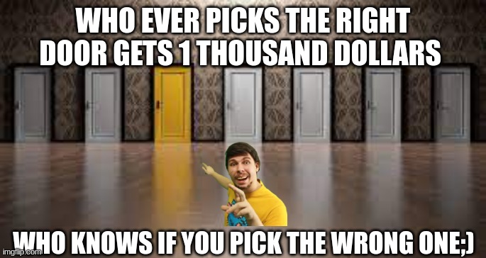 Mr beast meme | WHO EVER PICKS THE RIGHT DOOR GETS 1 THOUSAND DOLLARS; WHO KNOWS IF YOU PICK THE WRONG ONE;) | image tagged in mr beast,money,funny memes | made w/ Imgflip meme maker