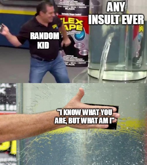 Every time | ANY INSULT EVER; RANDOM KID; "I KNOW WHAT YOU ARE, BUT WHAT AM I" | image tagged in flex tape | made w/ Imgflip meme maker