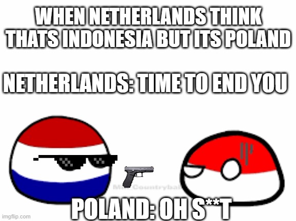 Netherlands want to take I ndonesia but its poland | WHEN NETHERLANDS THINK THATS INDONESIA BUT ITS POLAND; NETHERLANDS: TIME TO END YOU; POLAND: OH S**T | image tagged in dutch ball,poland ball,countryballs,funny memes | made w/ Imgflip meme maker