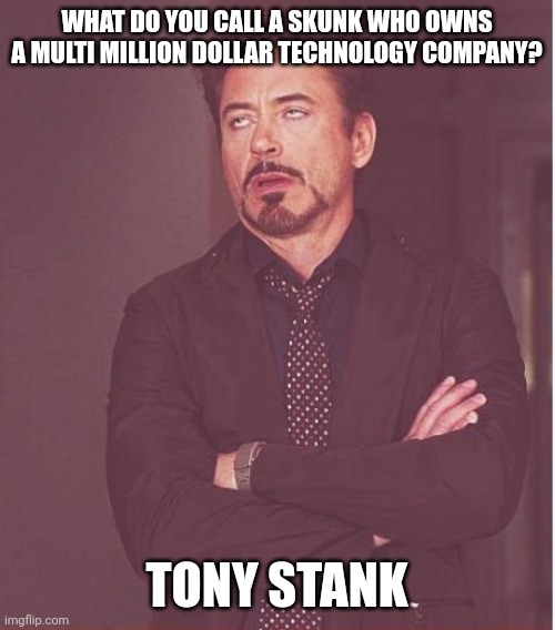 Tony Stank | WHAT DO YOU CALL A SKUNK WHO OWNS A MULTI MILLION DOLLAR TECHNOLOGY COMPANY? TONY STANK | image tagged in memes,face you make robert downey jr | made w/ Imgflip meme maker