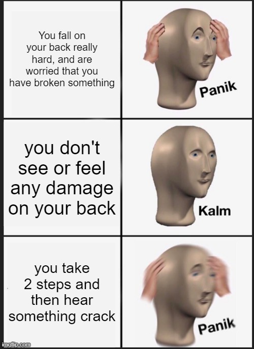 Im ok... wait, AHHH!! |  You fall on your back really hard, and are worried that you have broken something; you don't see or feel any damage on your back; you take 2 steps and then hear something crack | image tagged in memes,panik kalm panik,oh yeah oh no,wait a minute | made w/ Imgflip meme maker