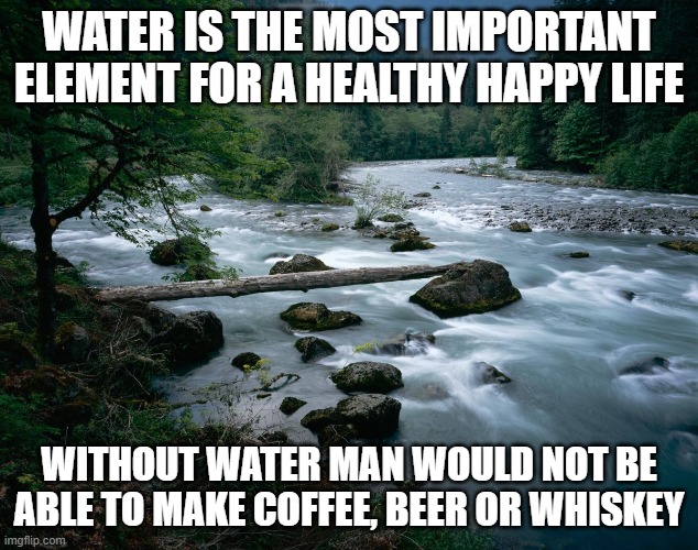 river | WATER IS THE MOST IMPORTANT ELEMENT FOR A HEALTHY HAPPY LIFE; WITHOUT WATER MAN WOULD NOT BE ABLE TO MAKE COFFEE, BEER OR WHISKEY | image tagged in river | made w/ Imgflip meme maker