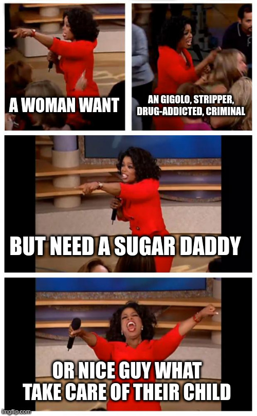 child | A WOMAN WANT; AN GIGOLO, STRIPPER, DRUG-ADDICTED, CRIMINAL; BUT NEED A SUGAR DADDY; OR NICE GUY WHAT TAKE CARE OF THEIR CHILD | image tagged in memes,oprah you get a car everybody gets a car | made w/ Imgflip meme maker