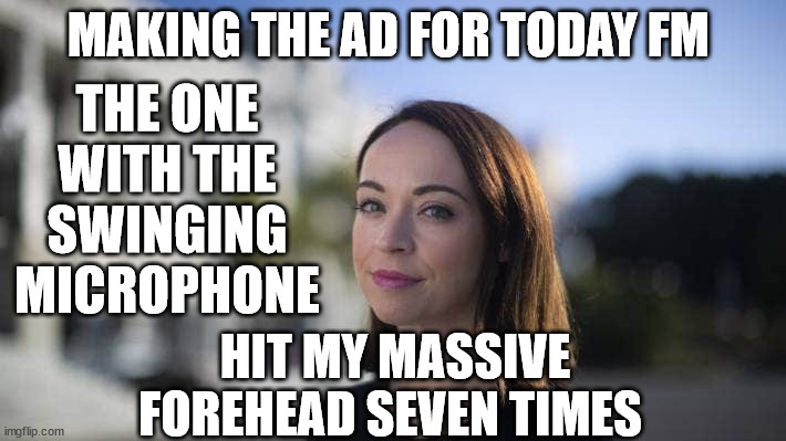 Tova O'Brien | MAKING THE AD FOR TODAY FM; THE ONE WITH THE SWINGING MICROPHONE; HIT MY MASSIVE FOREHEAD SEVEN TIMES | image tagged in forehead,new zealand,radio,funny face,fugly | made w/ Imgflip meme maker