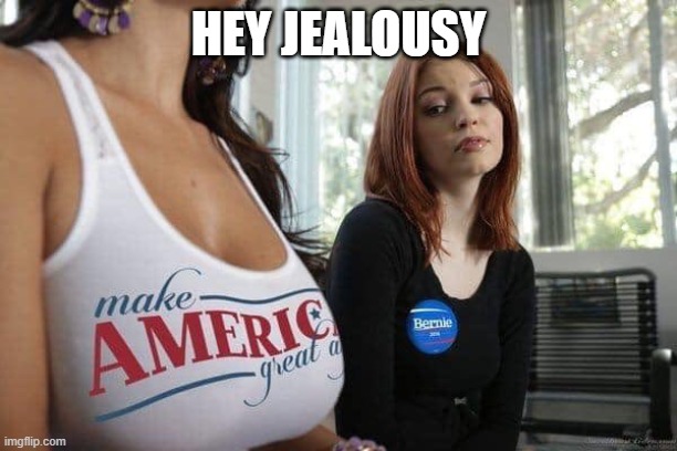over qualified | HEY JEALOUSY | image tagged in big boobs,maga,jealousy | made w/ Imgflip meme maker