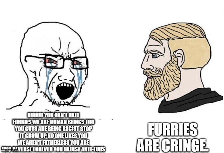 Soyboy Vs Yes Chad | FURRIES ARE CRINGE. NOOOO YOU CAN'T HATE FURRIES WE ARE HUMAN BEINGS TOO YOU GUYS ARE BEING RACIST STOP IT GROW UP NO ONE LIKES YOU WE AREN'T FATHERLESS YOU ARE UNO REVERSE FOREVER YOU RACIST ANTI-FURS | image tagged in soyboy vs yes chad | made w/ Imgflip meme maker