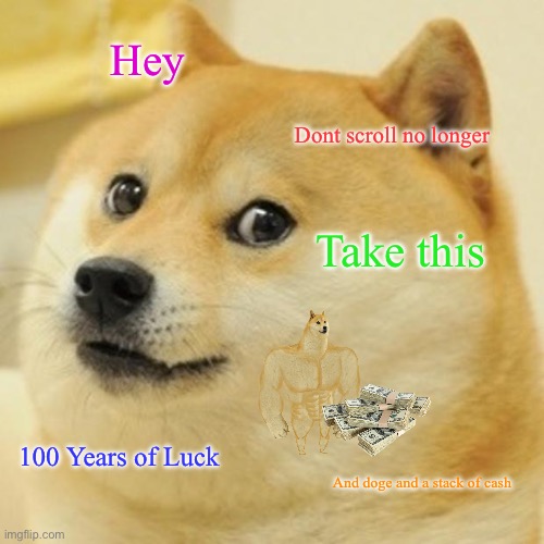 Take It | Hey; Dont scroll no longer; Take this; 100 Years of Luck; And doge and a stack of cash | image tagged in memes,doge | made w/ Imgflip meme maker