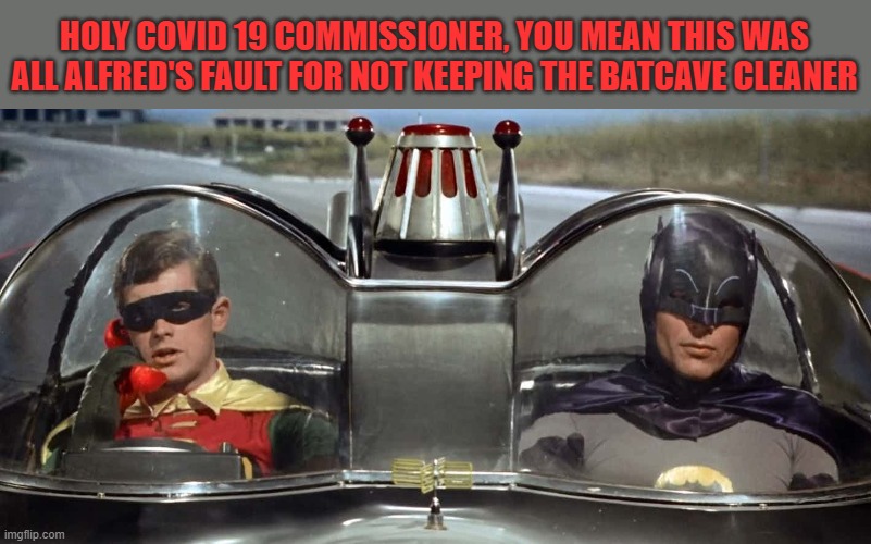 Batman and Robin | HOLY COVID 19 COMMISSIONER, YOU MEAN THIS WAS ALL ALFRED'S FAULT FOR NOT KEEPING THE BATCAVE CLEANER | image tagged in batman and robin | made w/ Imgflip meme maker
