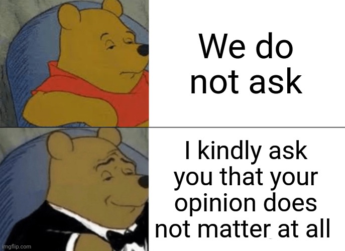 True | We do not ask; I kindly ask you that your opinion does not matter at all | image tagged in memes,tuxedo winnie the pooh | made w/ Imgflip meme maker