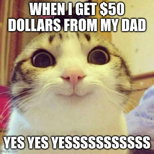Smiling Cat Meme | WHEN I GET $50 DOLLARS FROM MY DAD; YES YES YESSSSSSSSSSS | image tagged in memes,smiling cat | made w/ Imgflip meme maker