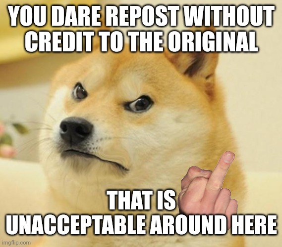 YOU DARE REPOST WITHOUT CREDIT TO THE ORIGINAL THAT IS UNACCEPTABLE AROUND HERE | image tagged in mad doge | made w/ Imgflip meme maker