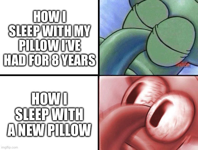 sleeping Squidward | HOW I SLEEP WITH MY PILLOW I’VE HAD FOR 8 YEARS HOW I SLEEP WITH A NEW PILLOW | image tagged in sleeping squidward | made w/ Imgflip meme maker
