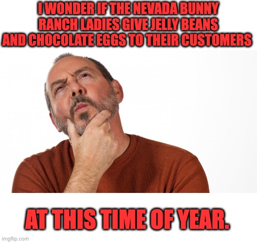 Hopping down the bunny trail | I WONDER IF THE NEVADA BUNNY RANCH LADIES GIVE JELLY BEANS AND CHOCOLATE EGGS TO THEIR CUSTOMERS; AT THIS TIME OF YEAR. | image tagged in hmmm,happy easter | made w/ Imgflip meme maker