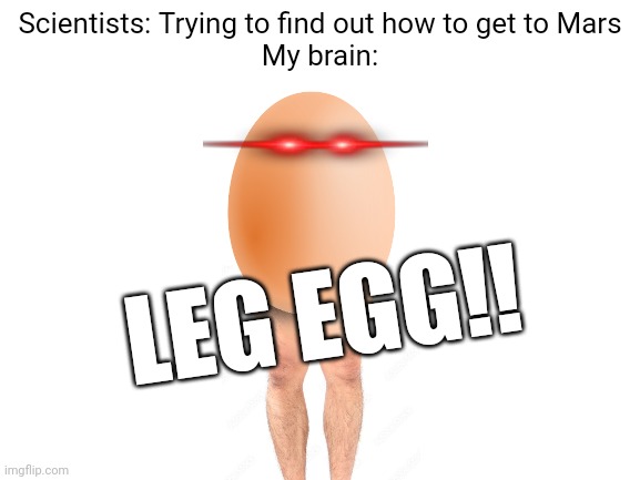 Instead of intrusive thoughts, I have idiotic thoughts | Scientists: Trying to find out how to get to Mars
My brain:; LEG EGG!! | image tagged in blank white template | made w/ Imgflip meme maker