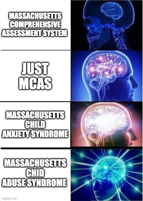 MCAS | MASSACHUSETTS COMPREHENSIVE ASSESSMENT SYSTEM; JUST MCAS; MASSACHUSETTS CHILD ANXIETY SYNDROME; MASSACHUSETTS CHID ABUSE SYNDROME | image tagged in memes,expanding brain | made w/ Imgflip meme maker