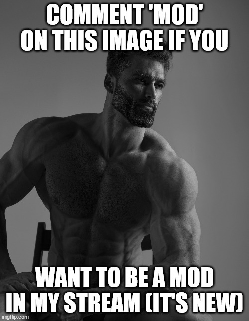Only the first 3 to comment get mod, so... | COMMENT 'MOD' ON THIS IMAGE IF YOU; WANT TO BE A MOD IN MY STREAM (IT'S NEW) | image tagged in giga chad,imgflip mods | made w/ Imgflip meme maker