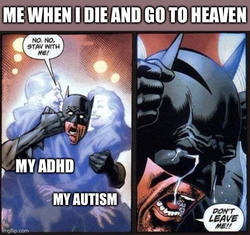 Batman don't leave me | MY ADHD MY AUTISM ME WHEN I DIE AND GO TO HEAVEN | image tagged in batman don't leave me | made w/ Imgflip meme maker