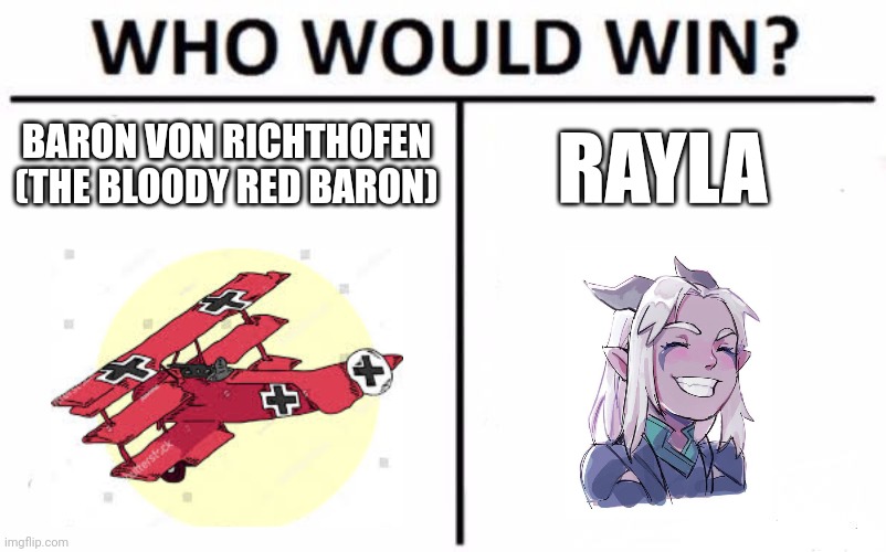 Ace German pilot vs Elf Assassin | BARON VON RICHTHOFEN
(THE BLOODY RED BARON); RAYLA | image tagged in memes,who would win | made w/ Imgflip meme maker