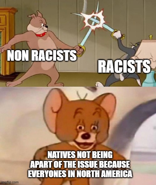 Tom and Jerry swordfight | NON RACISTS; RACISTS; NATIVES NOT BEING APART OF THE ISSUE BECAUSE EVERYONES IN NORTH AMERICA | image tagged in tom and jerry swordfight | made w/ Imgflip meme maker