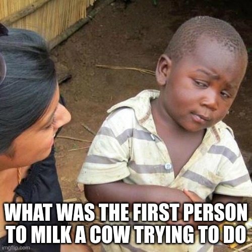 i guess we'll never know | WHAT WAS THE FIRST PERSON TO MILK A COW TRYING TO DO | image tagged in memes,third world skeptical kid,cow,milk,creamy,cheeks | made w/ Imgflip meme maker