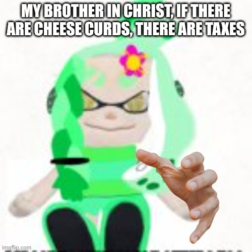 Low quality image of a mint houzuki plush | MY BROTHER IN CHRIST, IF THERE ARE CHEESE CURDS, THERE ARE TAXES | image tagged in low quality image of a mint houzuki plush | made w/ Imgflip meme maker