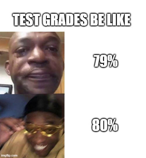 Black Guy Crying and Black Guy Laughing | TEST GRADES BE LIKE; 79%; 80% | image tagged in black guy crying and black guy laughing | made w/ Imgflip meme maker