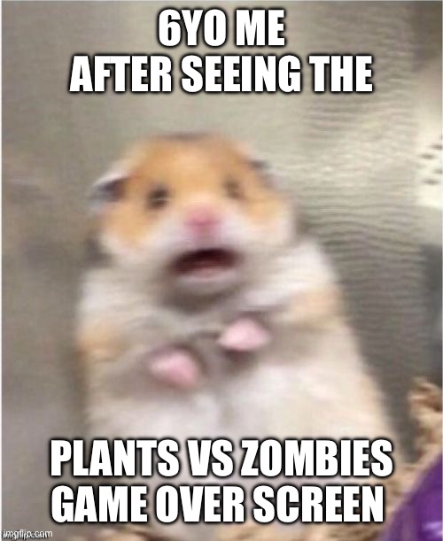 Relateable? | 6YO ME AFTER SEEING THE; PLANTS VS ZOMBIES GAME OVER SCREEN | image tagged in scared hamster | made w/ Imgflip meme maker