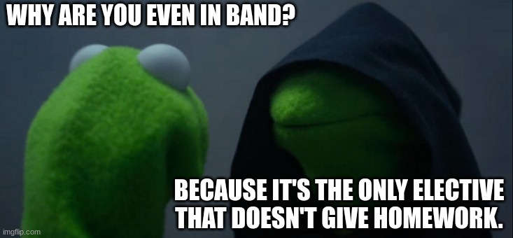 A kid in band actually said that LOL! | WHY ARE YOU EVEN IN BAND? BECAUSE IT'S THE ONLY ELECTIVE THAT DOESN'T GIVE HOMEWORK. | image tagged in memes,evil kermit | made w/ Imgflip meme maker