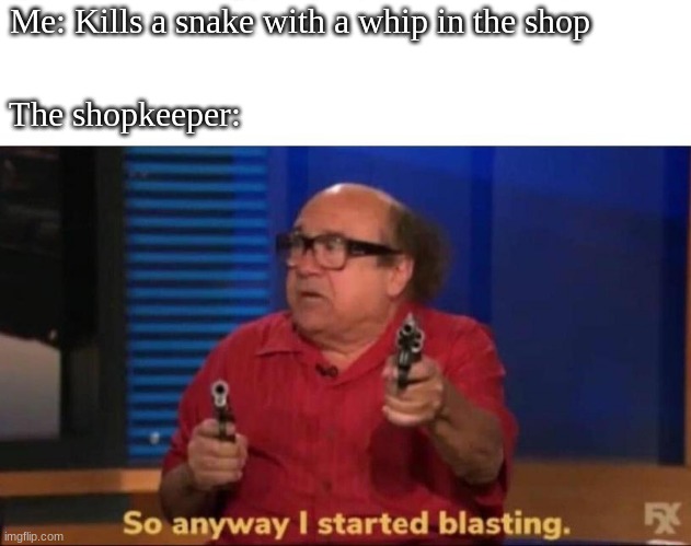 It happened to me. I wasn't even near him. | Me: Kills a snake with a whip in the shop; The shopkeeper: | image tagged in so anyway i started blasting,spelunky,meme | made w/ Imgflip meme maker