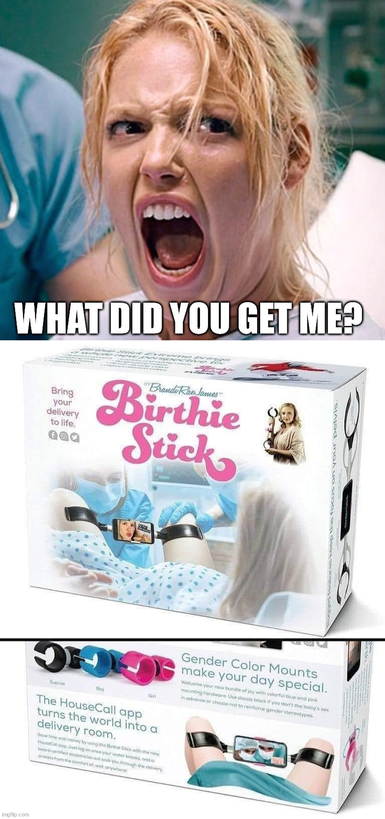  WHAT DID YOU GET ME? | image tagged in pushing harder than a pregnant lady | made w/ Imgflip meme maker