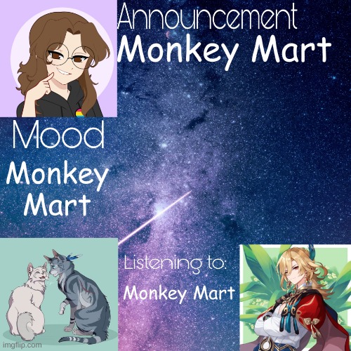 Monkey Mart | Monkey Mart; Monkey Mart; Monkey Mart | image tagged in mid_night_ announcement template | made w/ Imgflip meme maker