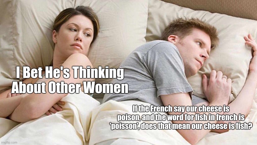 I love cheese | I Bet He's Thinking About Other Women; If the French say our cheese is poison, and the word for fish in french is 'poisson', does that mean our cheese is fish? | image tagged in memes,i bet he's thinking about other women,cheese,french,fish | made w/ Imgflip meme maker