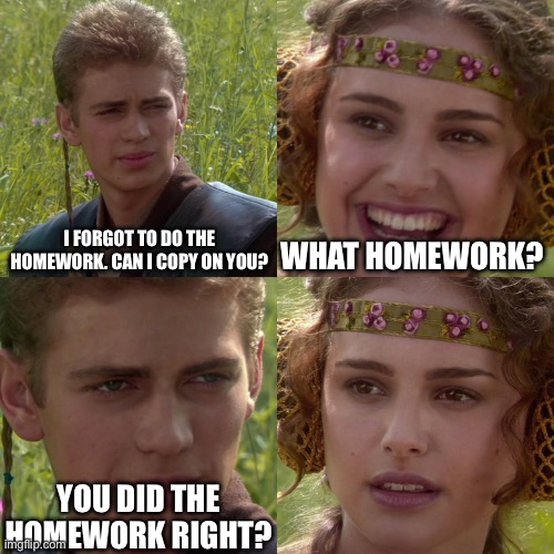 You did the homework right? | I FORGOT TO DO THE HOMEWORK. CAN I COPY ON YOU? WHAT HOMEWORK? YOU DID THE HOMEWORK RIGHT? | image tagged in anakin padme 4 panel,memes,funny,homework | made w/ Imgflip meme maker