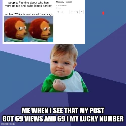 69 views hehehe | ME WHEN I SEE THAT MY POST GOT 69 VIEWS AND 69 I MY LUCKY NUMBER | image tagged in memes,success kid | made w/ Imgflip meme maker