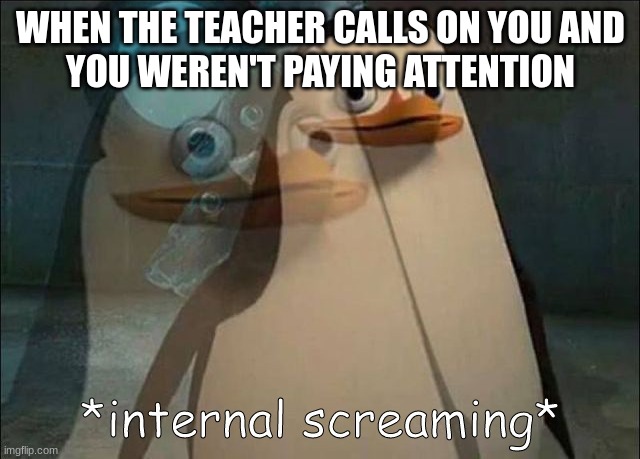 Private Internal Screaming | WHEN THE TEACHER CALLS ON YOU AND
YOU WEREN'T PAYING ATTENTION | image tagged in private internal screaming | made w/ Imgflip meme maker