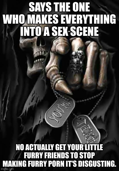 SAYS THE ONE WHO MAKES EVERYTHING INTO A SEX SCENE NO ACTUALLY GET YOUR LITTLE FURRY FRIENDS TO STOP MAKING FURRY PORN IT'S DISGUSTING. | image tagged in grim reaper | made w/ Imgflip meme maker