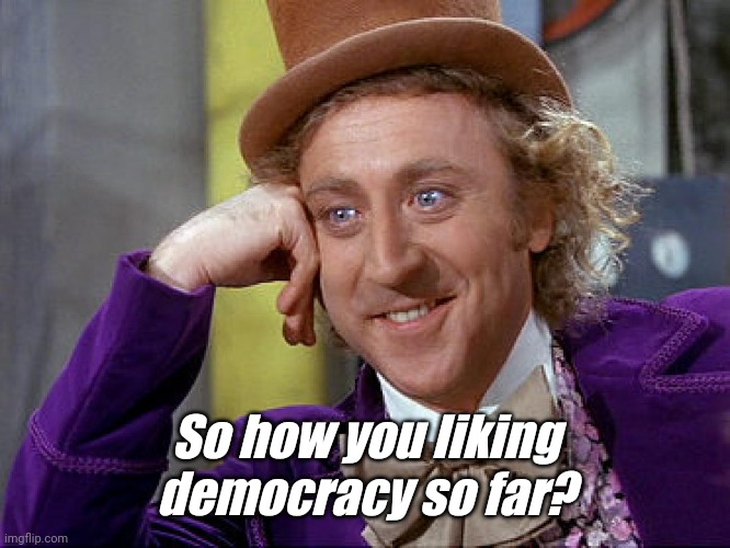 If you're a commie pos you probably love it. | So how you liking democracy so far? | image tagged in memes | made w/ Imgflip meme maker