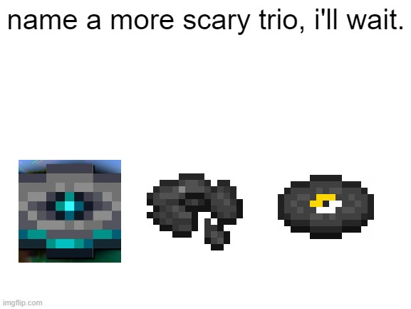 if you heard these before, you will know what i mean. |  name a more scary trio, i'll wait. | image tagged in blank white template,minecraft,minecraft memes | made w/ Imgflip meme maker